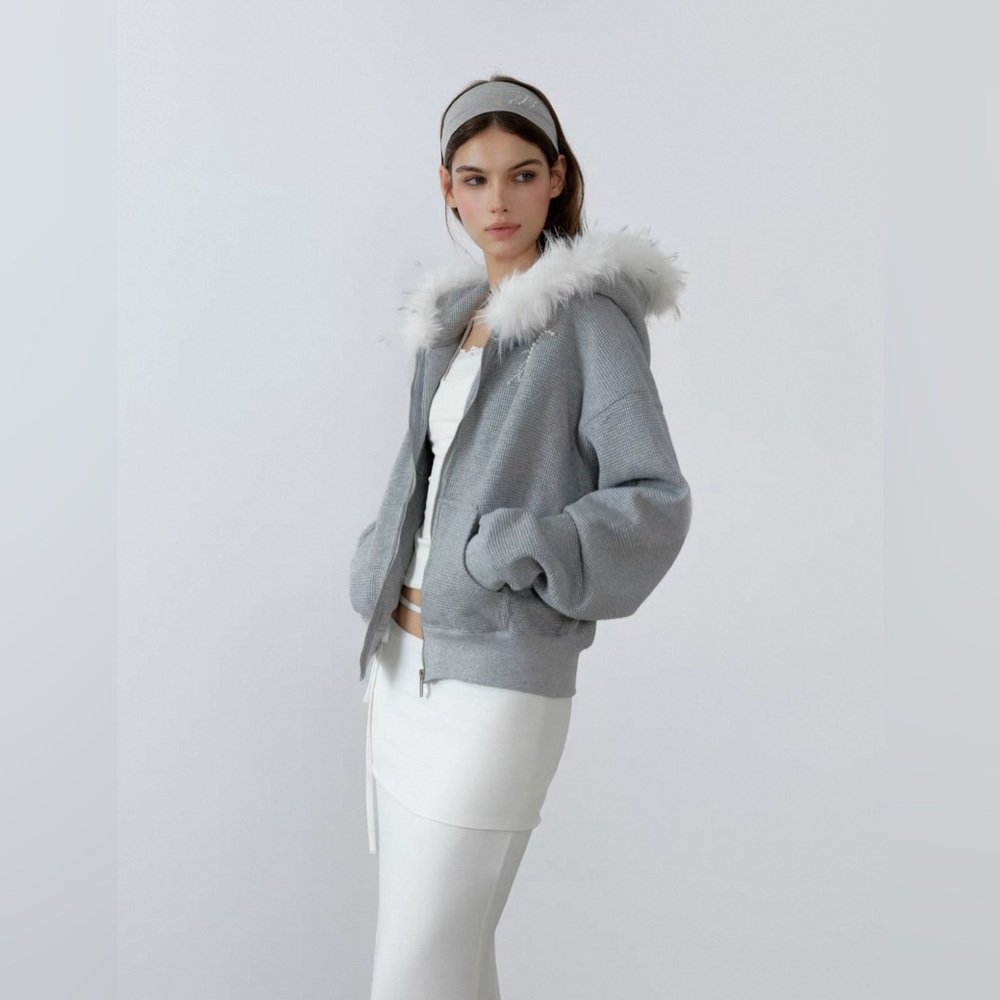 Women's Stylish Gray Bomber Jacket with Faux Fur Hood